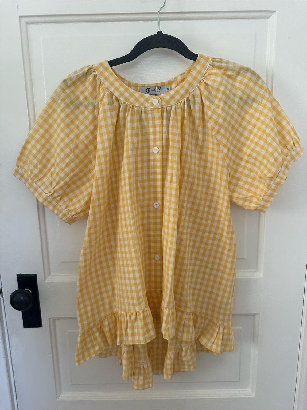 Women’s Yellow Gingham Ruffle Button-Front Top - Picture 3 of 5